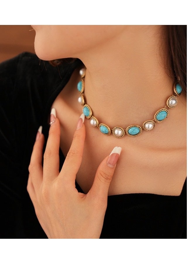 Lesha synthetic turquoise necklace for women—Dainty Vintage Throat Chakra, Gift for Her, Lobster Clasp Toggle Clasp (17 Inch Double Strand Sterling Toggle) - Image 3