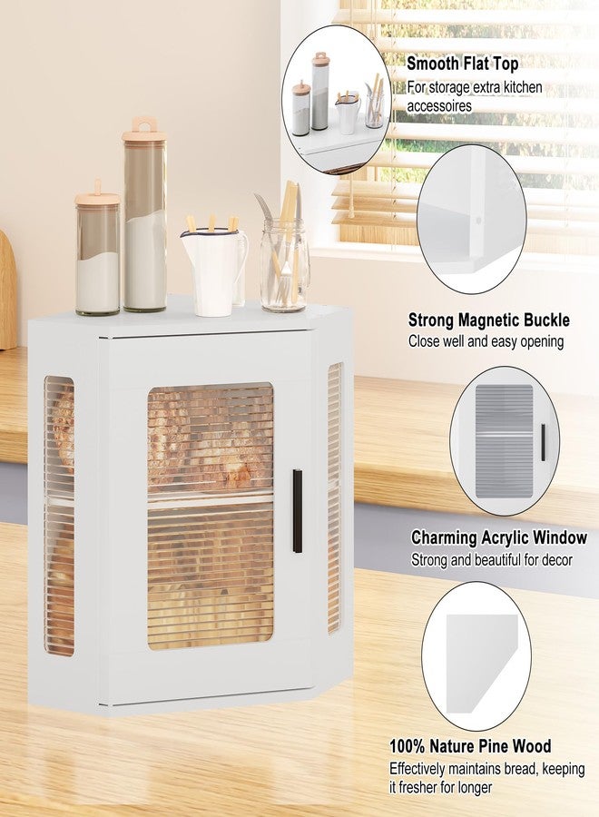 TQVAI Corner Bread Box for Kitchen Countertop, Solid Wood Double Layer Large Storage Container with Adjustable Shelves, Farmhouse Acrylic Window Design, White - Image 4