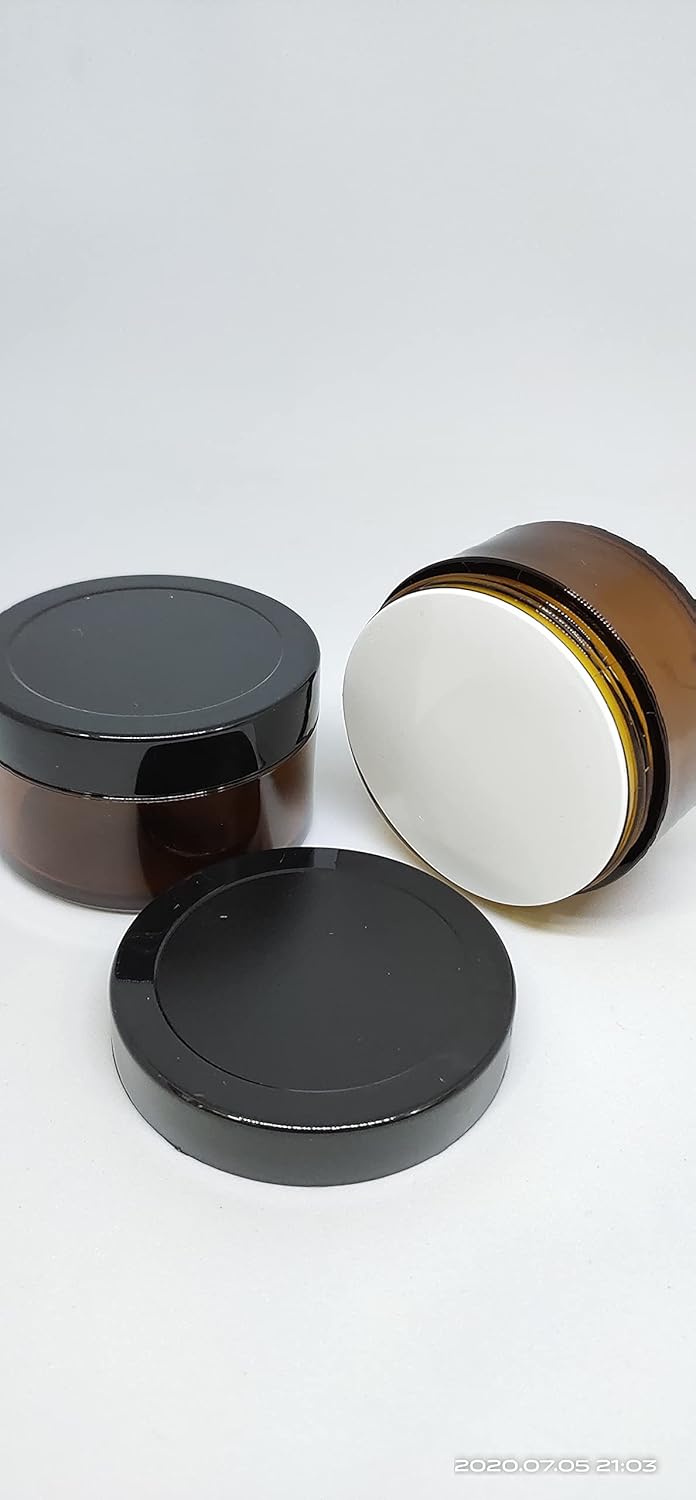 DINEMART Dinemart Pack of 12pcs 50GM Cosmetics DIY Amber Color San Jars Comes with Beautiful Black Lids Inner White CapsUseful For CreamsGelsLip BalmsBody Butters DIY ConcoctionsBrownSet Of 12 