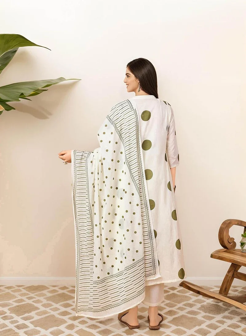 آي شين Women's Olive 100% Cotton Embellished Tunic Full Length Palazzo Straight Fit Kurta Set