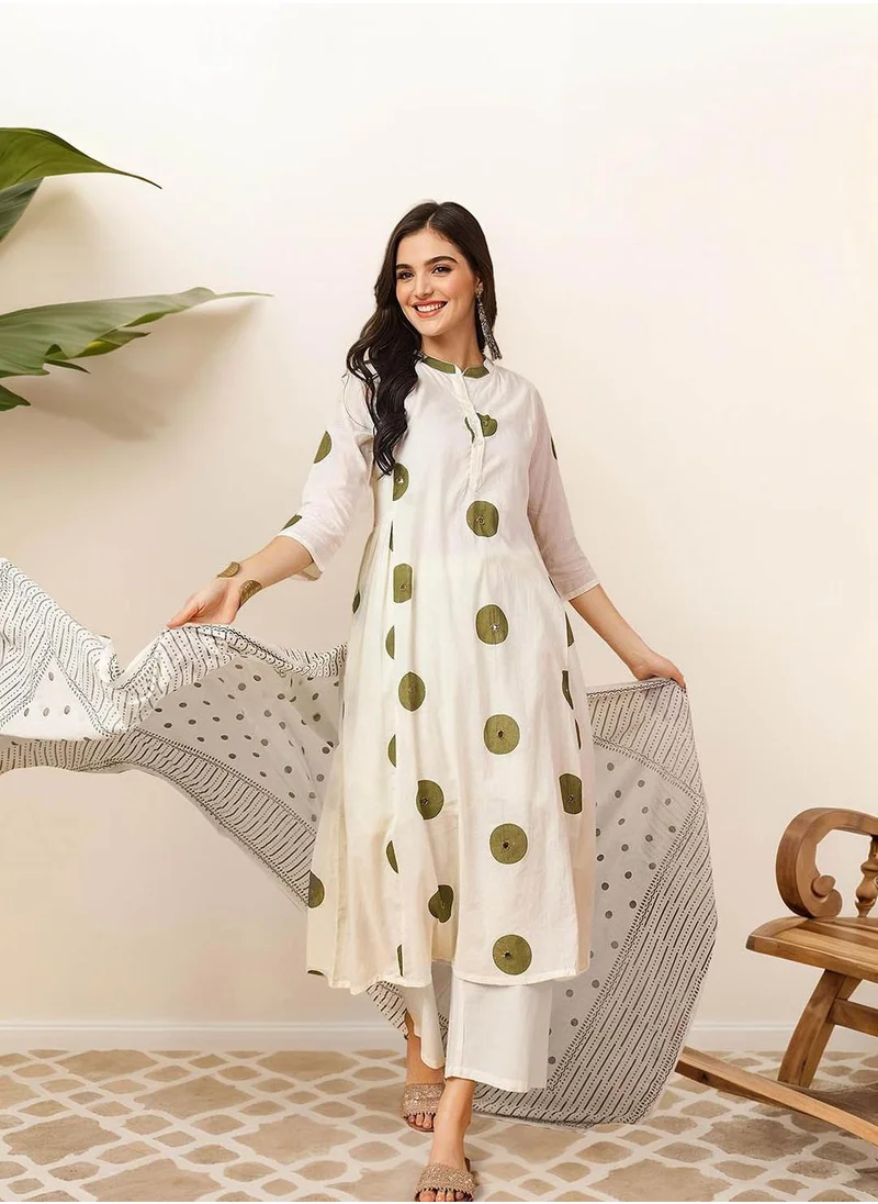 آي شين Women's Olive 100% Cotton Embellished Tunic Full Length Palazzo Straight Fit Kurta Set