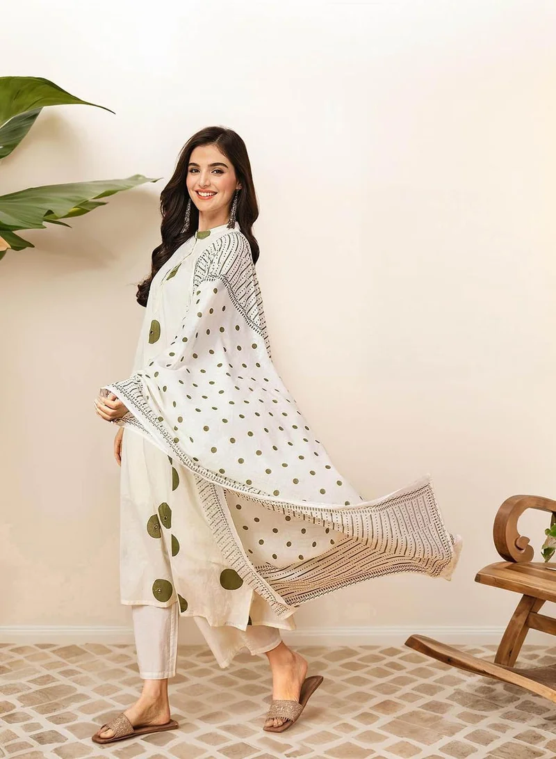 آي شين Women's Olive 100% Cotton Embellished Tunic Full Length Palazzo Straight Fit Kurta Set