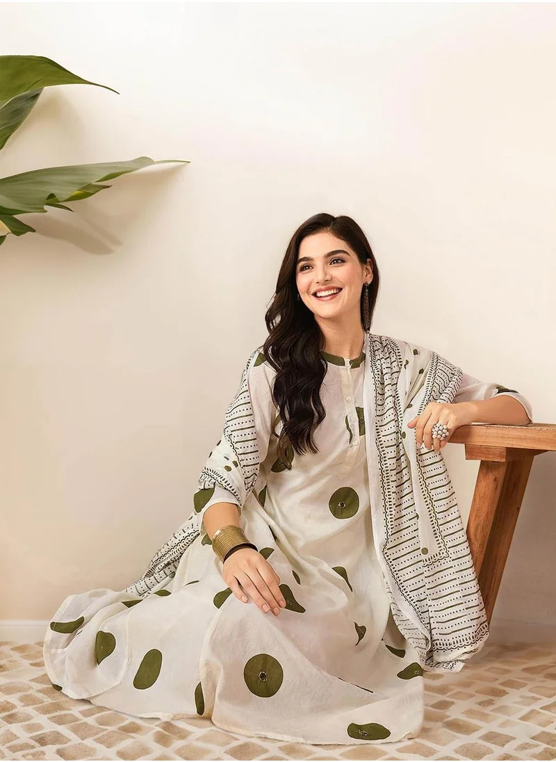 آي شين Women's Olive 100% Cotton Embellished Tunic Full Length Palazzo Straight Fit Kurta Set