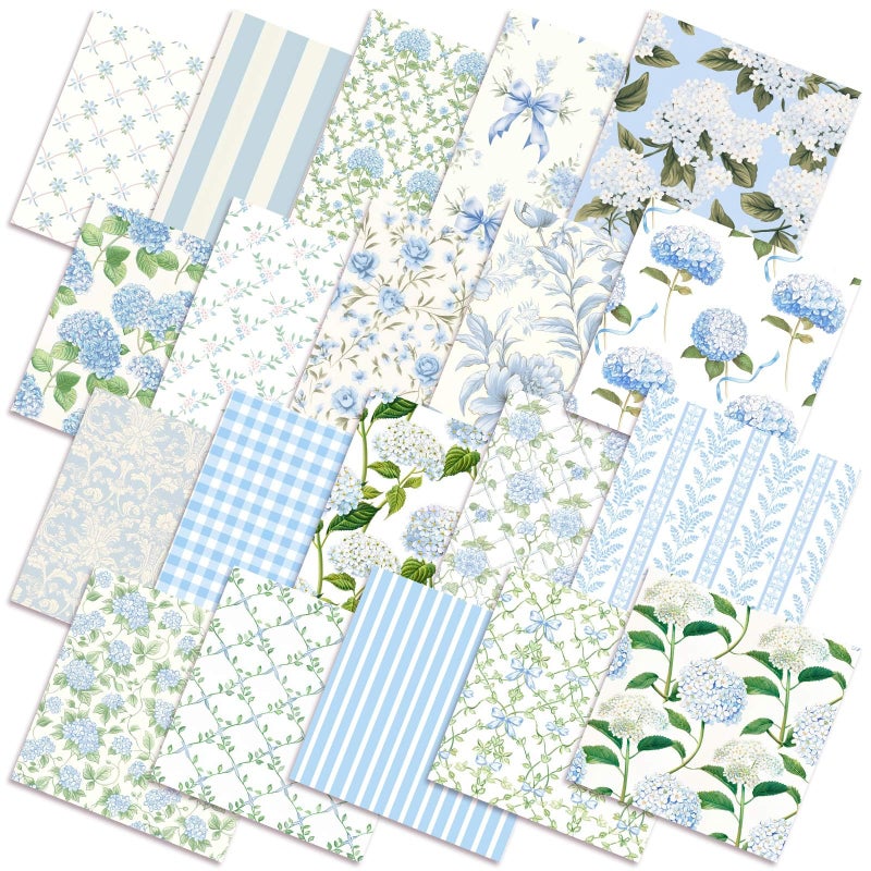 Fanfanwin 100 Pcs 5''x5'' Hydrangea Quilting Fabric Square Watercolor Dusty Blue Floral Precuts Quilted Fabric Blue Plaid Stripes Printed Patchwork Materials for Spring Summer Sewing DIY Crafts - Image 1