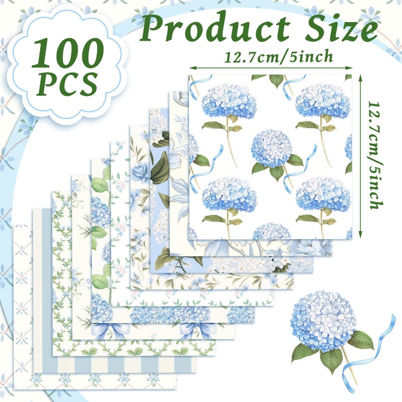 Fanfanwin 100 Pcs 5''x5'' Hydrangea Quilting Fabric Square Watercolor Dusty Blue Floral Precuts Quilted Fabric Blue Plaid Stripes Printed Patchwork Materials for Spring Summer Sewing DIY Crafts - Image 2