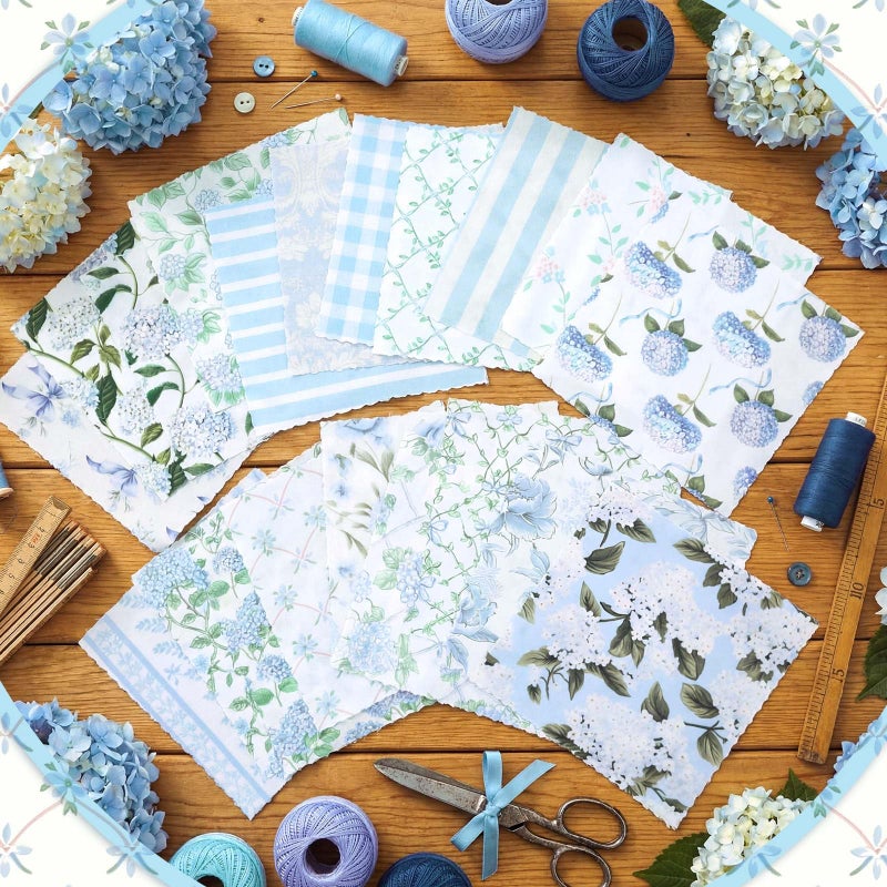 Fanfanwin 100 Pcs 5''x5'' Hydrangea Quilting Fabric Square Watercolor Dusty Blue Floral Precuts Quilted Fabric Blue Plaid Stripes Printed Patchwork Materials for Spring Summer Sewing DIY Crafts - Image 3
