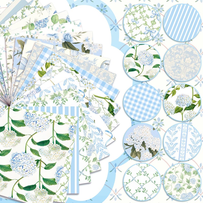Fanfanwin 100 Pcs 5''x5'' Hydrangea Quilting Fabric Square Watercolor Dusty Blue Floral Precuts Quilted Fabric Blue Plaid Stripes Printed Patchwork Materials for Spring Summer Sewing DIY Crafts - Image 5