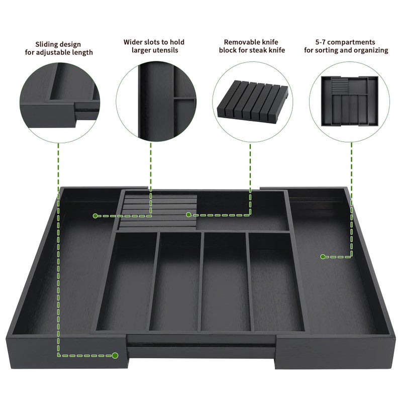 VaeFae Bamboo Silverware Drawer Organizer Kitchen, Expandable Utensil Organizer with Knife Block, Cutlery Tray with Divider, Multifunctional Drawer Organizer (Black) - Image 4