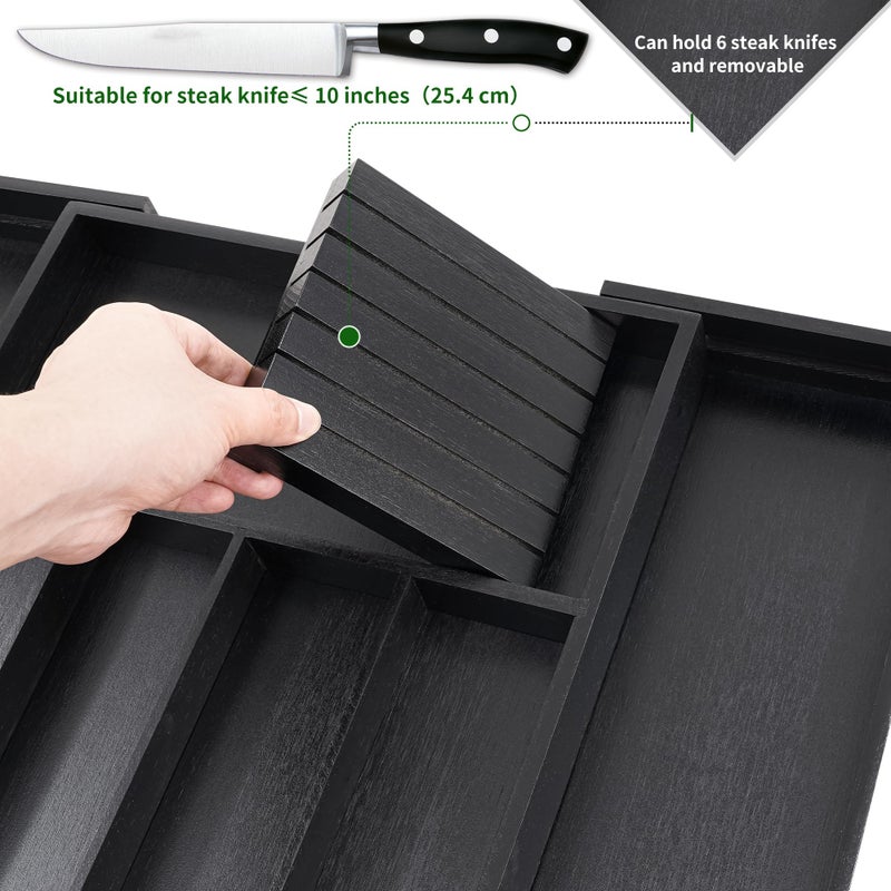 VaeFae Bamboo Silverware Drawer Organizer Kitchen, Expandable Utensil Organizer with Knife Block, Cutlery Tray with Divider, Multifunctional Drawer Organizer (Black) - Image 2