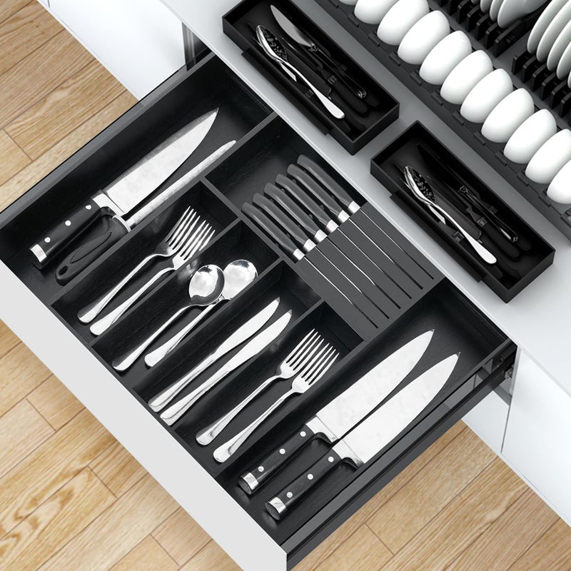 VaeFae Bamboo Silverware Drawer Organizer Kitchen, Expandable Utensil Organizer with Knife Block, Cutlery Tray with Divider, Multifunctional Drawer Organizer (Black) - Image 5
