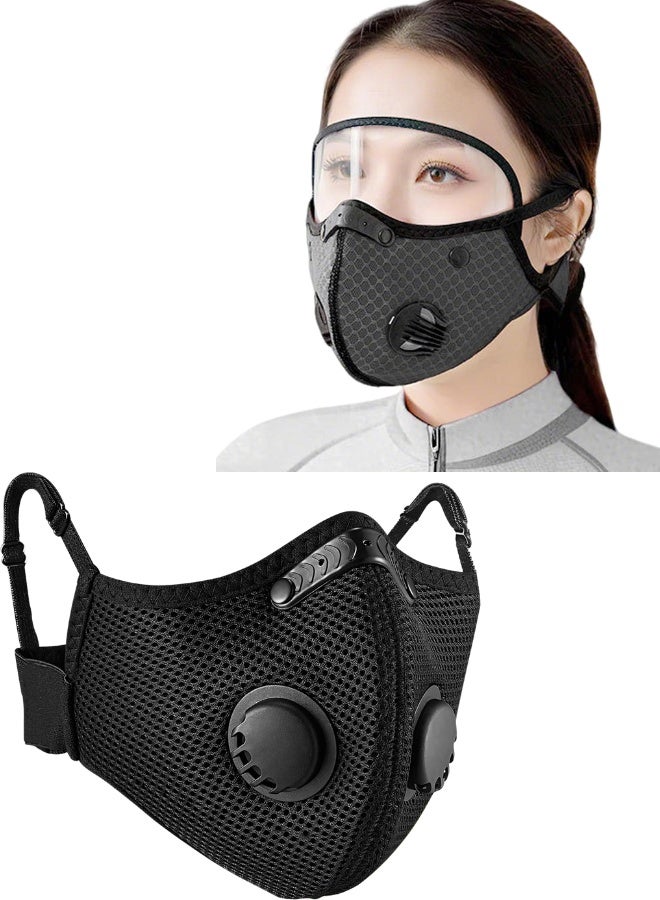 Protective Cycling Mask with Integrated Eye Shield Visor and Five Layer PM2.5 Filter, Reusable Breathable Mesh Face Mask with Dual Breathing Valves and Adjustable Strap for Motorbike Riding, Running, Outdoor Sports, Urban Commuting and Dust Protection - Image 1