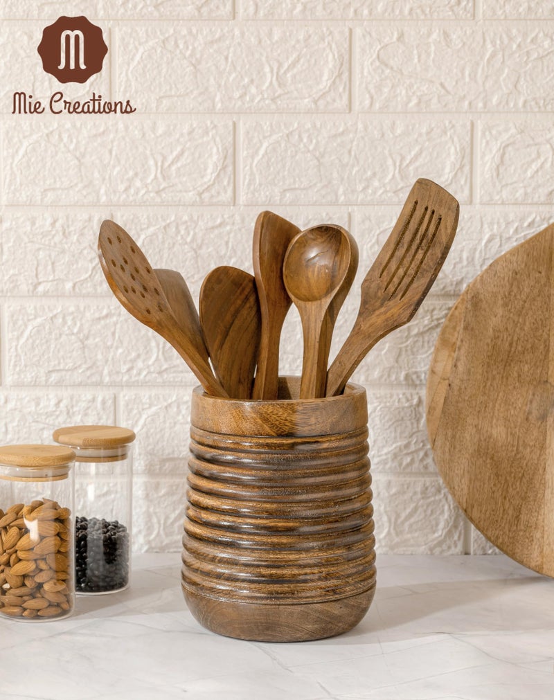 Mie Creations Rustic 7'' Large Utensil Crock Holder for Kitchen Countertop | Wooden Cooking Spatula Organizer for Party  Mothers Day Christmas Utensils Caddy  Vintage Kitchen Counter Decor-Dark Brown - Image 2