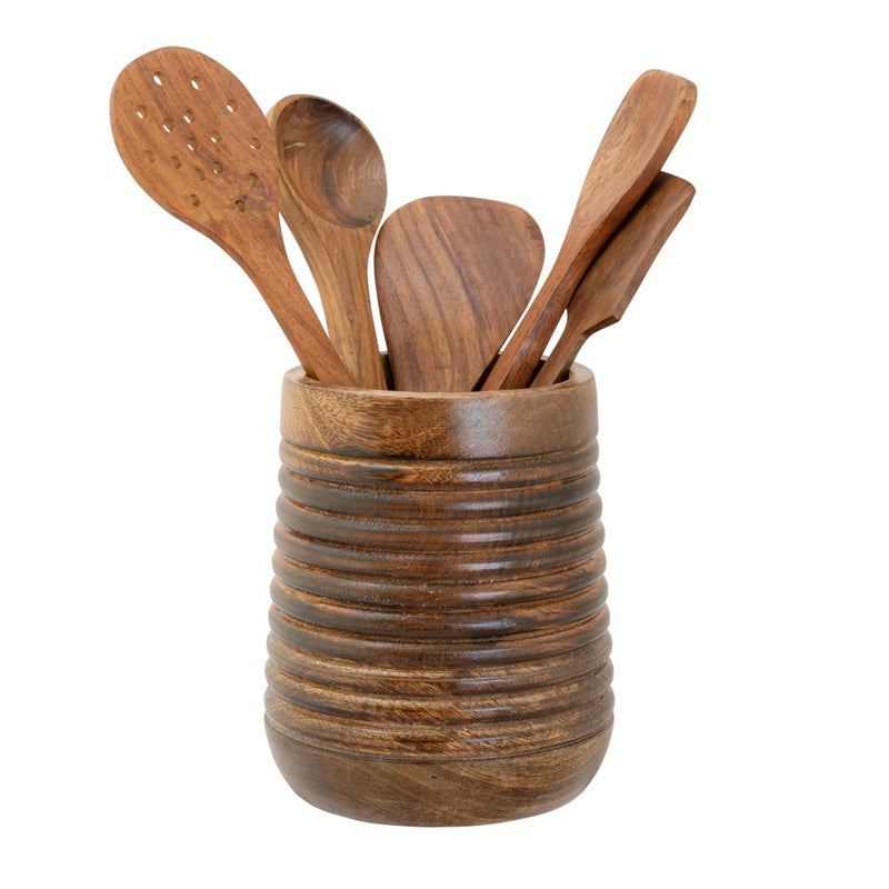 Mie Creations Rustic 7'' Large Utensil Crock Holder for Kitchen Countertop | Wooden Cooking Spatula Organizer for Party  Mothers Day Christmas Utensils Caddy  Vintage Kitchen Counter Decor-Dark Brown - Image 1