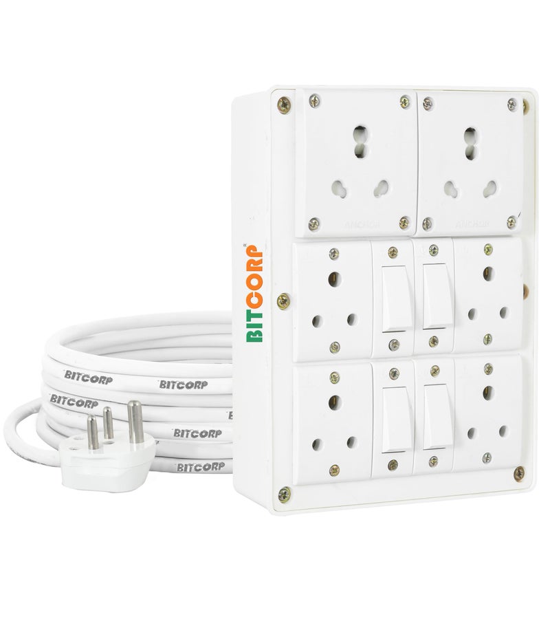 BITCORP 16A Heavy Duty Power Extension Board with Switches with 6 Socket 4 Switch, 3500W, 1 Meter 2.5mm Electric Cord for AC, Refrigerator, EV Charger, Washing Machine, Geyser - Image 1