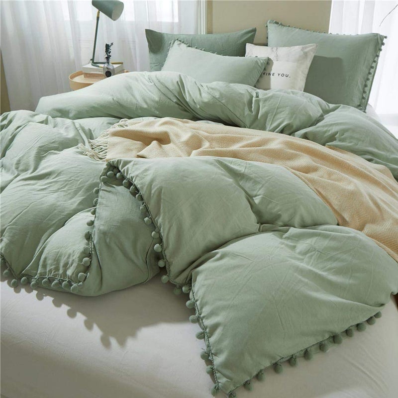 ETDIFFE Pom Duvet Cover Full Size  3 Piece Boho Bohemian Farmhouse Microfiber Comforter Cover Set  Soft and Lightweight Quilt Cover Solid Sage Green Pompom