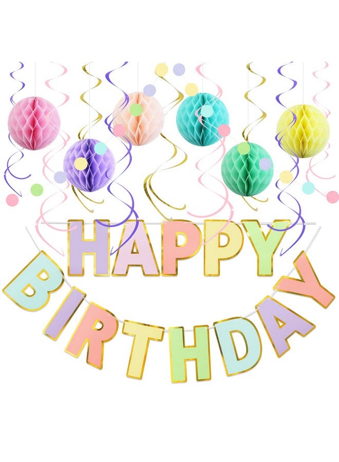Litaus , Birthday Decorations, No Diy - Pack Of 17 | Macaron Happy Birthday Banner, Honeycomb Balls, Swirls, Garland | Happy Birthday Decorations | Birthday Party Decorations - Image 1