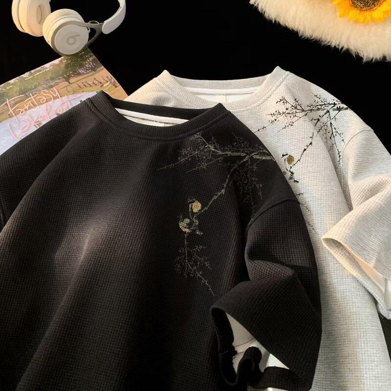 New Chinese Short-sleeved T-shirt Men's Summer Trendy Brand National Style Bamboo Heavy-weight Clothes Loose Riggles Half-sleeved Ins All-match - Image 3
