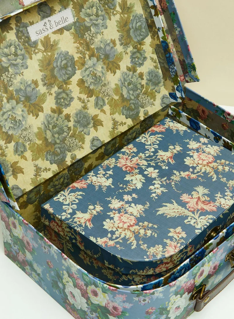 Sass & Belle Set Of 3 Delphine Blue Vintage Rose Suitcases