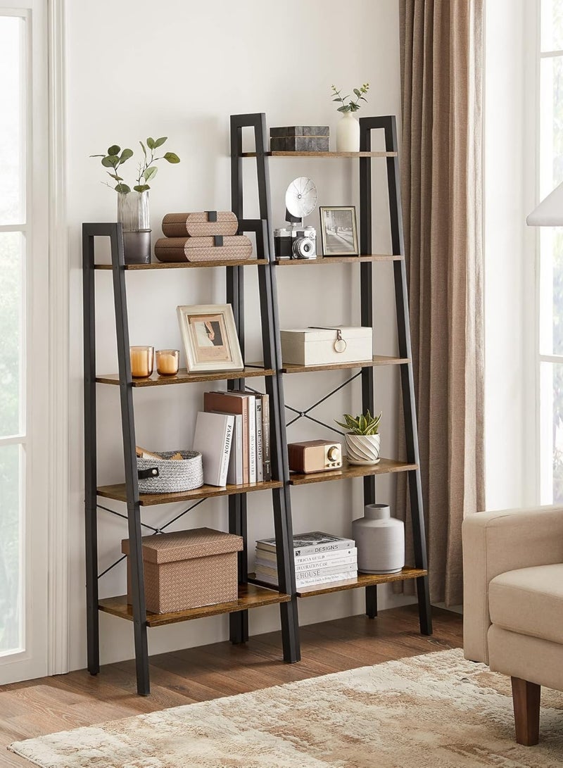SHOELAY Industrial Ladder Shelf, 4 Tier Bookshelf, Storage Rack Shelves, Bathroom, Living Room, Wood Look Accent Furniture, Metal Frame, Ulls44X, Rustic Brown + Black - Image 2