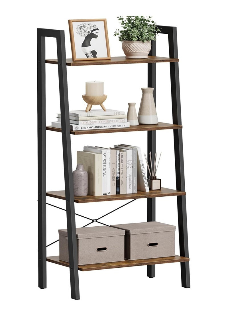 SHOELAY Industrial Ladder Shelf, 4 Tier Bookshelf, Storage Rack Shelves, Bathroom, Living Room, Wood Look Accent Furniture, Metal Frame, Ulls44X, Rustic Brown + Black - Image 1