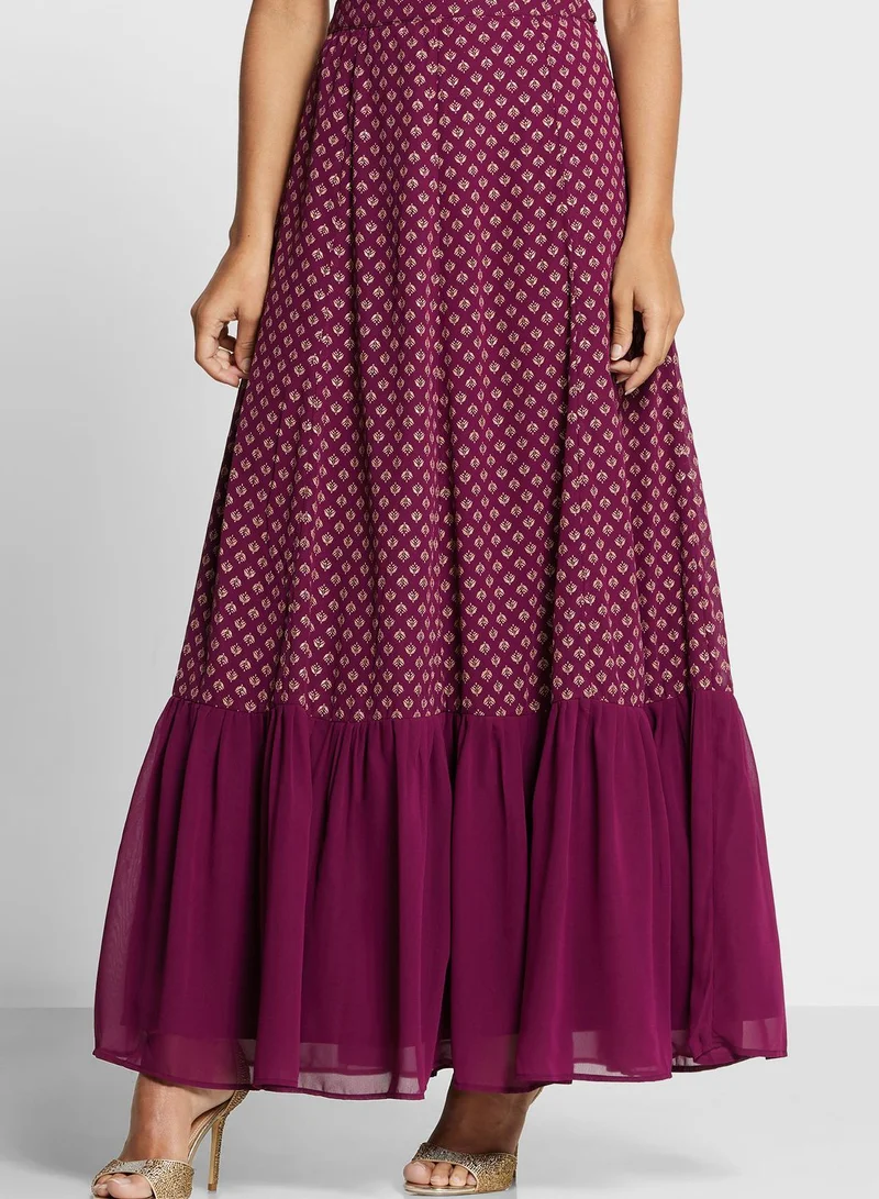 indya Floral Foil Print Tiered Lehenga