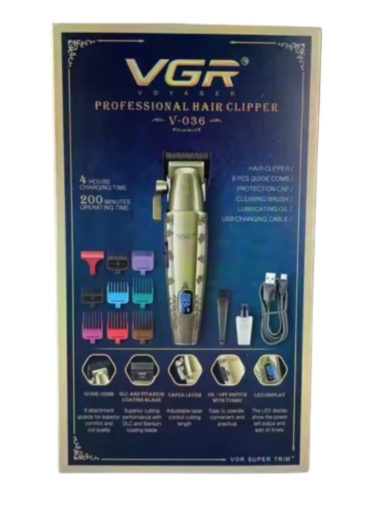 VGR V-036 9000rpm Metal Salon Barber Clippers Rechargeable Professional Hair Clipper for Men Gold - Image 3