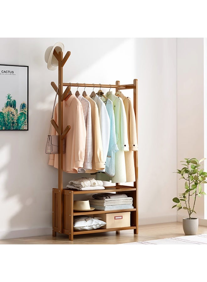 Bedroom Clothes Rack Bamboo Garment Rack Floor Standing Clothes Hanging Rack with Shelves and Hooks for Coat Dress Shirt Trousers Bag and Hat (70cm) - Image 1