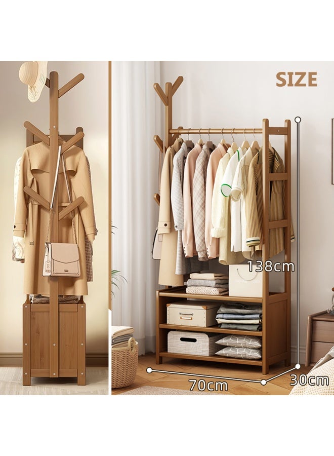 Bedroom Clothes Rack Bamboo Garment Rack Floor Standing Clothes Hanging Rack with Shelves and Hooks for Coat Dress Shirt Trousers Bag and Hat (70cm) - Image 2