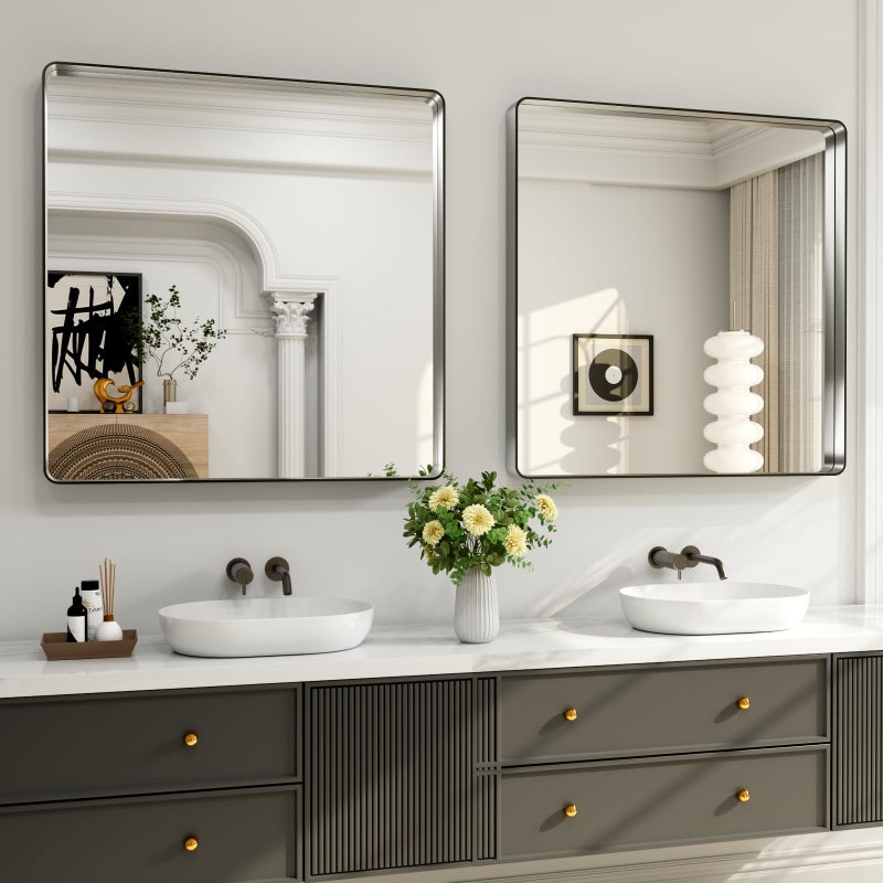 LOAAO 30X30 Inch Brushed Nickel Bathroom Mirror, Rounded Rectangle Silver Metal Frame Mirror, Brushed Nickel, Anti-Rust, Shatter Proof, Hangs Horizontally or Vertically - Image 4