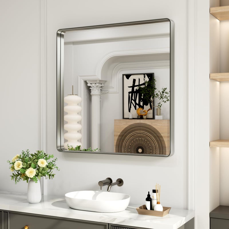 LOAAO 30X30 Inch Brushed Nickel Bathroom Mirror, Rounded Rectangle Silver Metal Frame Mirror, Brushed Nickel, Anti-Rust, Shatter Proof, Hangs Horizontally or Vertically - Image 1