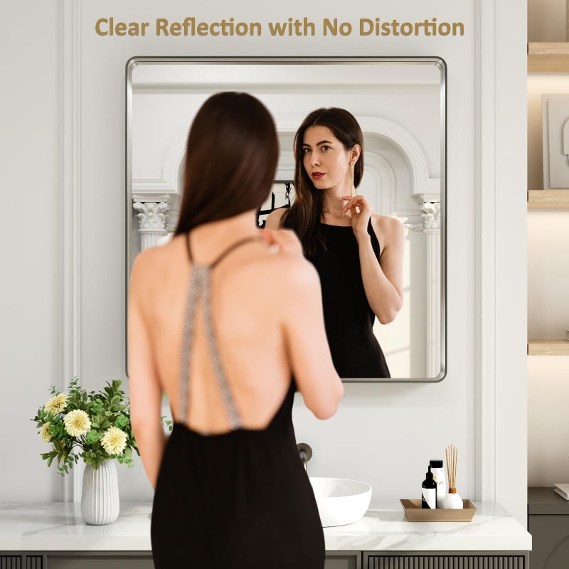 LOAAO 30X30 Inch Brushed Nickel Bathroom Mirror, Rounded Rectangle Silver Metal Frame Mirror, Brushed Nickel, Anti-Rust, Shatter Proof, Hangs Horizontally or Vertically - Image 2