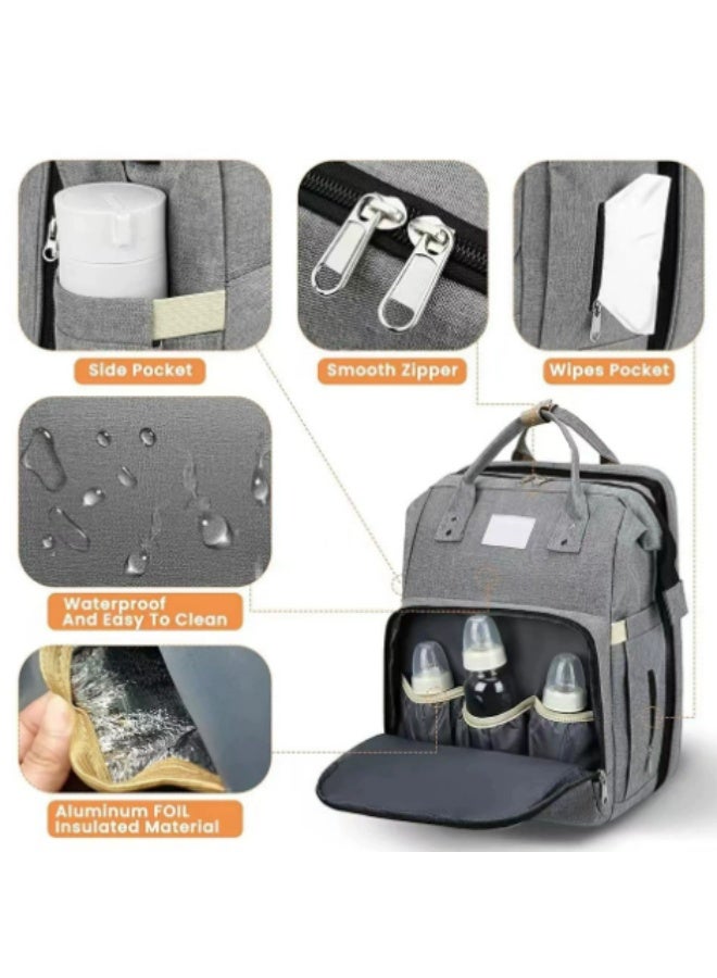 Double-Shoulder Baby Folding Bed Diaper Bag  Multifunctional Portable Baby Mom Bag with USB Waterproof for Outdoor and Travel Newborn Essentials & Supplies for Mom- Grey - Image 4