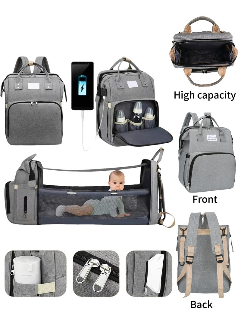 Double-Shoulder Baby Folding Bed Diaper Bag  Multifunctional Portable Baby Mom Bag with USB Waterproof for Outdoor and Travel Newborn Essentials & Supplies for Mom- Grey - Image 1
