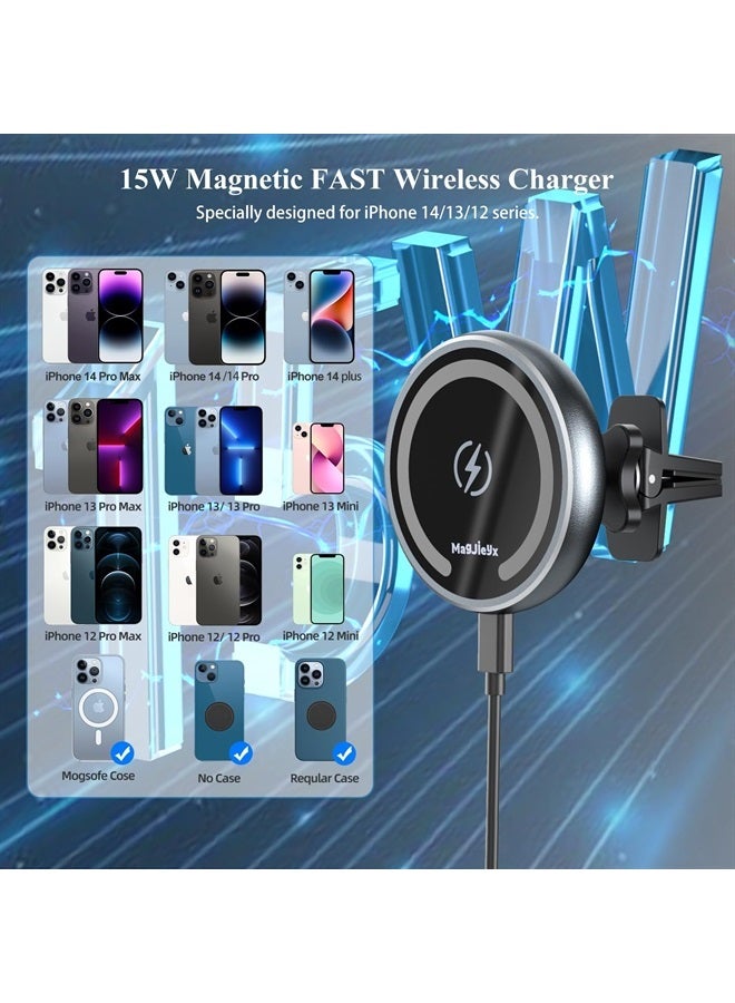 MAGJIEYX Magnetic Wireless Car Charger Fast Charging for Magsafe Car Mount iPhone 14, 13, 12, Pro Max, Mini,Magsafe Case, Car Air Vent and Stick On Dashboard Phone Holder