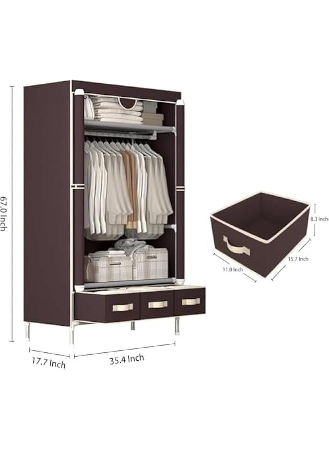 هوكور HOOKOR Portable Wardrobe, Wardrobe Closet, with Hanging Rack Fabric Storage Organizer,Wardrobe with Three Drawer Boxes Durable and Easy to Assemble-90 x 45 x 172cm. (dark coffee) - Image 2