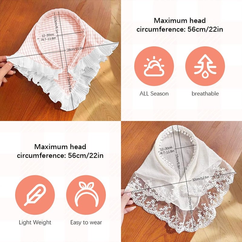 M'AYCREATE MAYCREATE® 2Pcs Headwear for Girls Stylishly Sweet Lace Headpieces Headscarf Headbands Lovely White Lace Headband Pink Plaid Bow Countryside Headscarf for Girls Fashion Hair Bandanas Headpieces - Image 2