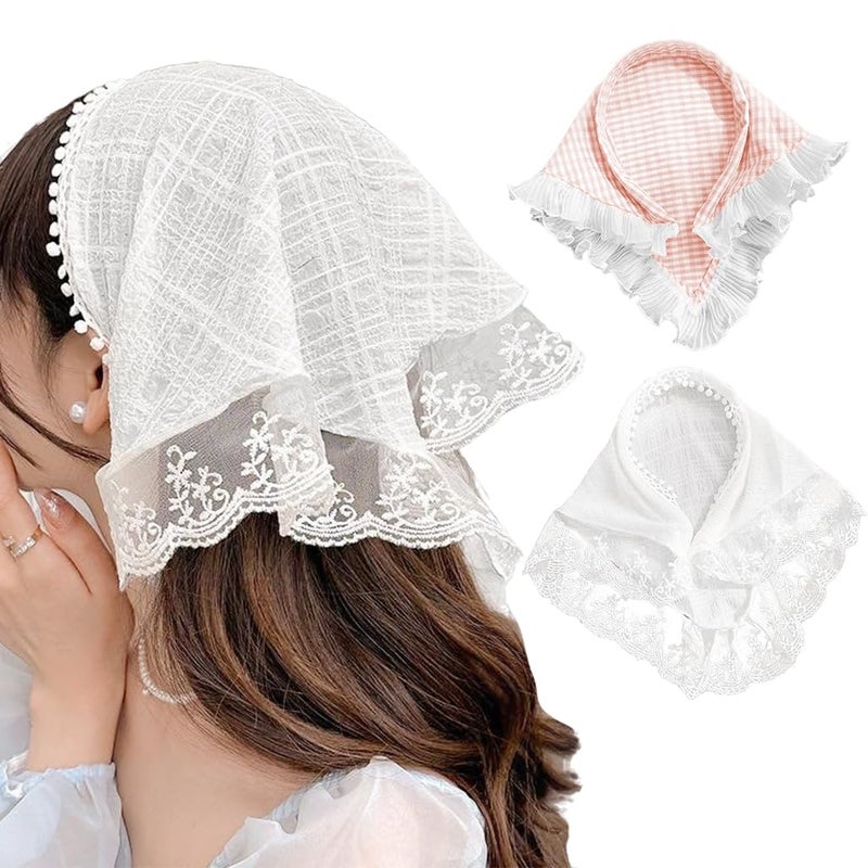 M'AYCREATE MAYCREATE® 2Pcs Headwear for Girls Stylishly Sweet Lace Headpieces Headscarf Headbands Lovely White Lace Headband Pink Plaid Bow Countryside Headscarf for Girls Fashion Hair Bandanas Headpieces - Image 1