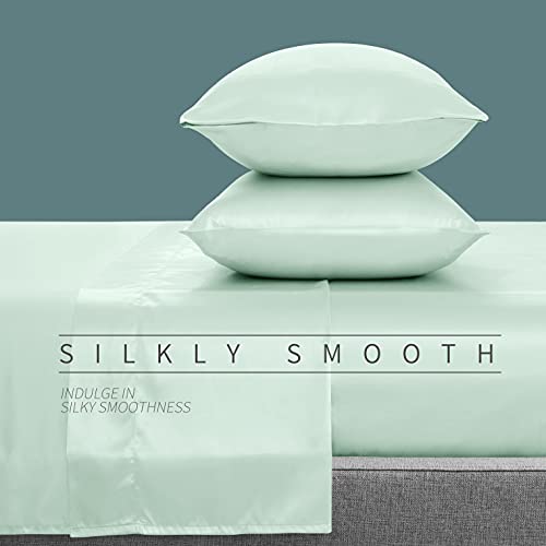 Cobedzy 4 Pcs Mint Green Satin Sheets Full Size Silky Satin Bedding Sheets Set with 1 Deep Pocket Fitted Sheet, 1 Flat Sheet, 2 Pillowcases - Image 3