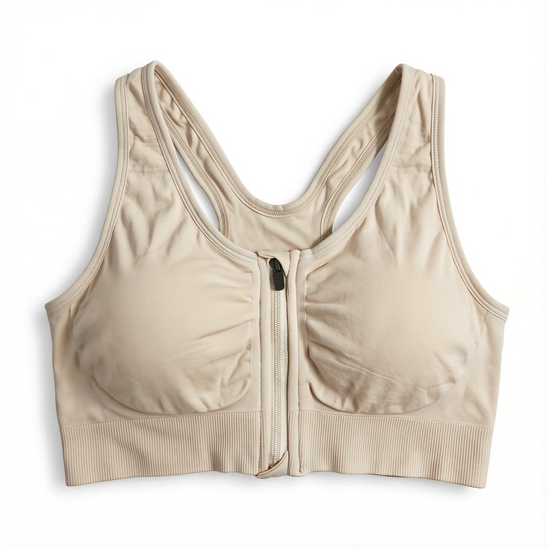 Sports Bra Front Zipper Seamless No Underwire Shockproof Running Yoga Workout Top XL Beige - Image 5