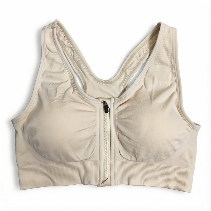 Sports Bra Front Zipper Seamless No Underwire Shockproof Running Yoga Workout Top XL Beige - Image 2