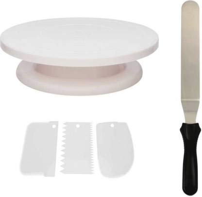 Way Beyond Baking Combo Set Turn Table 3 scrappers for Cake Decoration and Designing and 1 Spatula for Icing Smoothing Kitchen Tool Set - Image 1