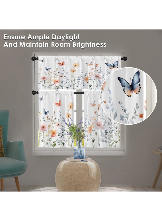 Tayney Spring Wildflower Flower Kitchen Window Curtains Valance and Tier Set 36 Inch, Butterflies Blooms Rod Pocket Short Tier Curtain for Bathroom, Watercolor Small Cafe Drapes for Kitchen Decor - Image 2