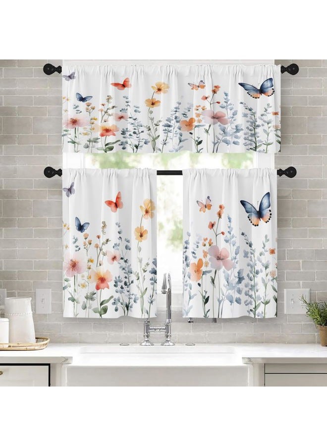 Tayney Spring Wildflower Flower Kitchen Window Curtains Valance and Tier Set 36 Inch, Butterflies Blooms Rod Pocket Short Tier Curtain for Bathroom, Watercolor Small Cafe Drapes for Kitchen Decor - Image 1