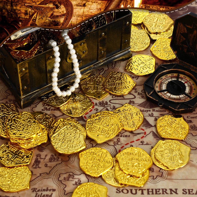 Hanaive 100 Pcs Pirate Coins Plastic Kids Fake Play Coins Replica Spanish Doubloons for Pirate Party Treasure Chest Board Games Tokens Toys Cosplay St. Patrick's(Gold) - Image 3