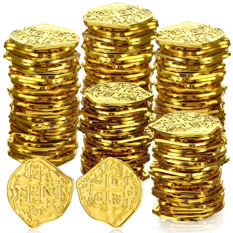 Hanaive 100 Pcs Pirate Coins Plastic Kids Fake Play Coins Replica Spanish Doubloons for Pirate Party Treasure Chest Board Games Tokens Toys Cosplay St. Patrick's(Gold) - Image 1