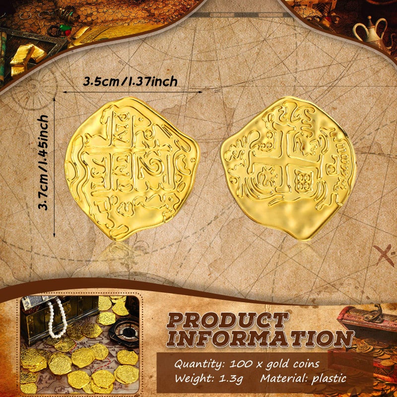 Hanaive 100 Pcs Pirate Coins Plastic Kids Fake Play Coins Replica Spanish Doubloons for Pirate Party Treasure Chest Board Games Tokens Toys Cosplay St. Patrick's(Gold) - Image 2