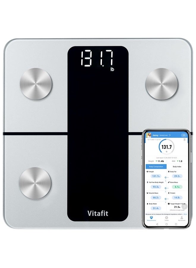 Vitafit موازين ذكية لوزن الجسم ونسبة الدهون، موازين احترافية منذ 2001، ميزان حمام رقمي لاسلكي لتطبيق مزامنة الماء والعضلات BMI، 400 رطل، فضي - Image 1