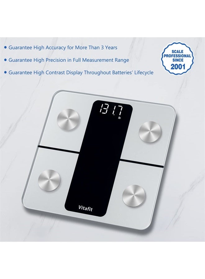 Vitafit موازين ذكية لوزن الجسم ونسبة الدهون، موازين احترافية منذ 2001، ميزان حمام رقمي لاسلكي لتطبيق مزامنة الماء والعضلات BMI، 400 رطل، فضي - Image 2