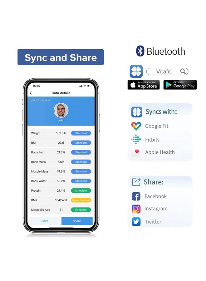 Vitafit موازين ذكية لوزن الجسم ونسبة الدهون، موازين احترافية منذ 2001، ميزان حمام رقمي لاسلكي لتطبيق مزامنة الماء والعضلات BMI، 400 رطل، فضي - Image 4