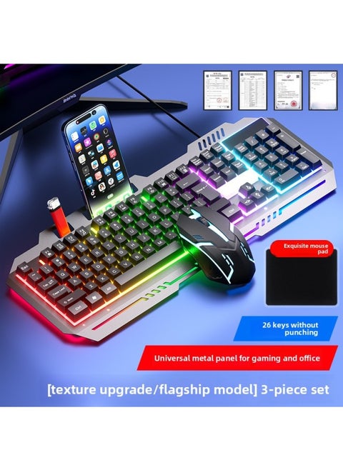 Backlit Keyboard And Mouse Suit Mechanical Game Mute Desktop Feel Wired Keyboard E-sports Laptop Office-Color:Black Upgraded Version (mixed Light + Texture Upgraded Metal Panel) * Three-speed E-sports Mouse * Free Mouse Pad * Three-year Warranty